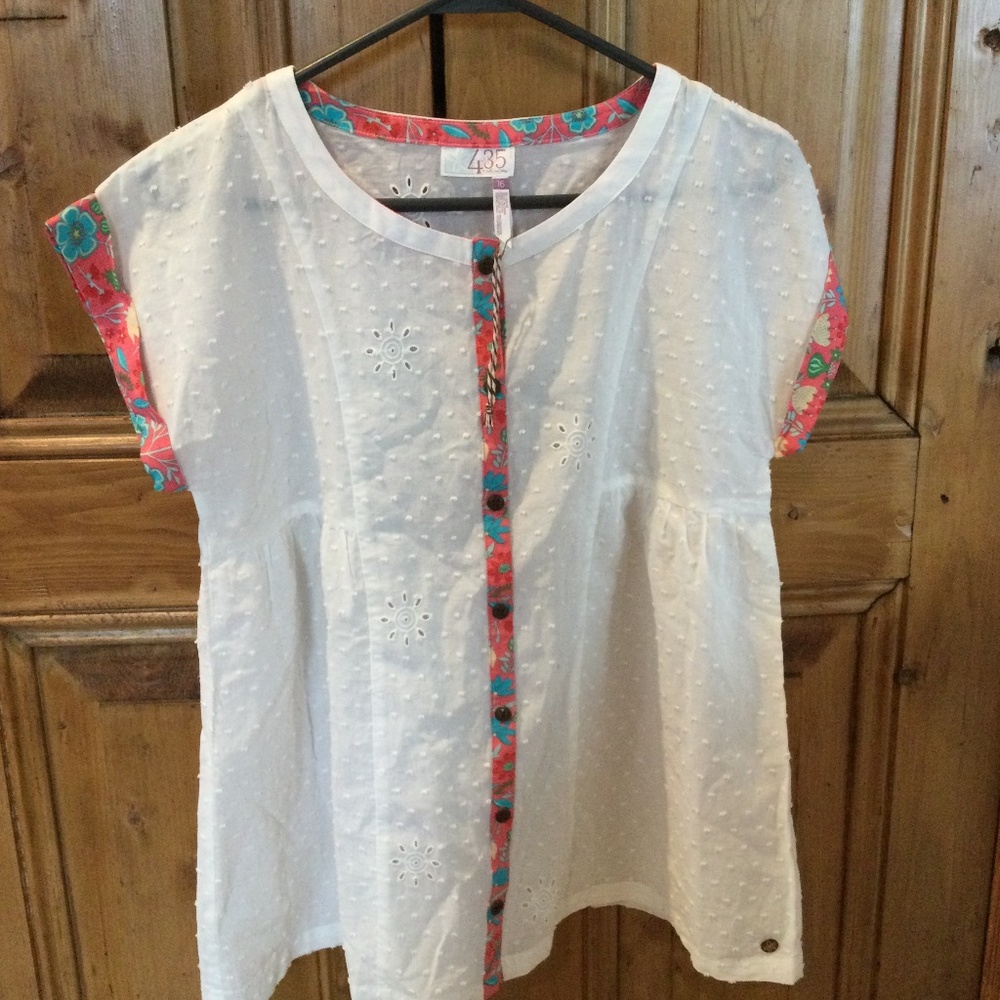 Matilda Jane White Eyelet Blouse with Pink Floral Trim